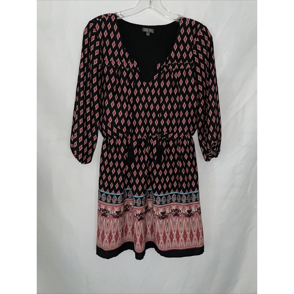 Lily Rose Dress Black With Burgandy Geometrical Design 3/4 Length Sleeve Size S
